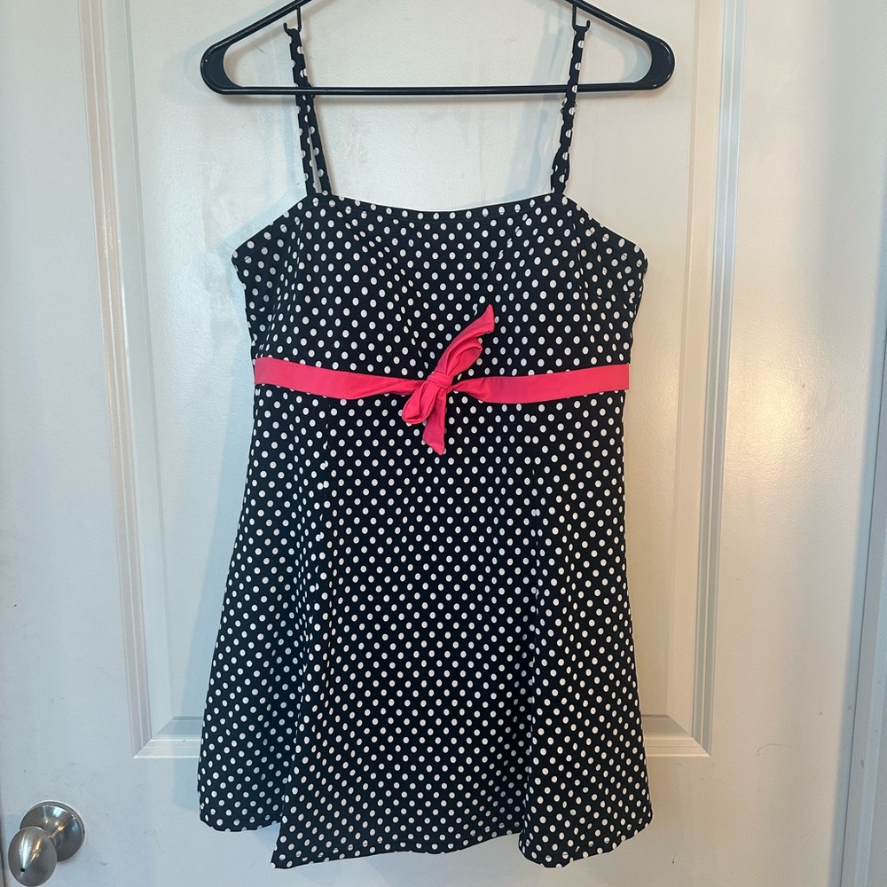 A Shore Fit Retro Black White Pink Bow Polka Dot Skirted Swim Dress, Size 14